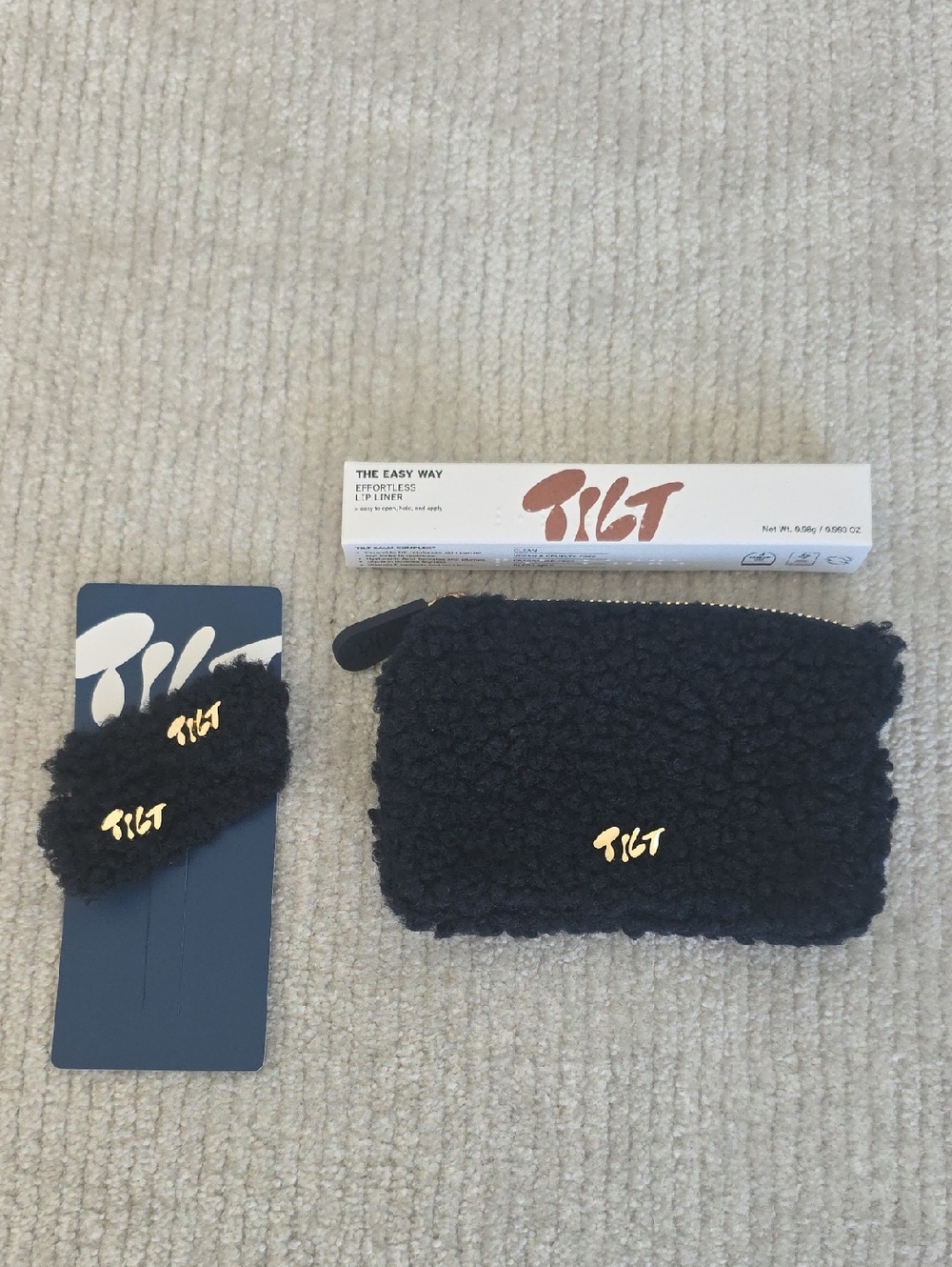 TILT Black Sherpa Zip Pouch with Matching Hair Clip And The Easy Way Lip Liner